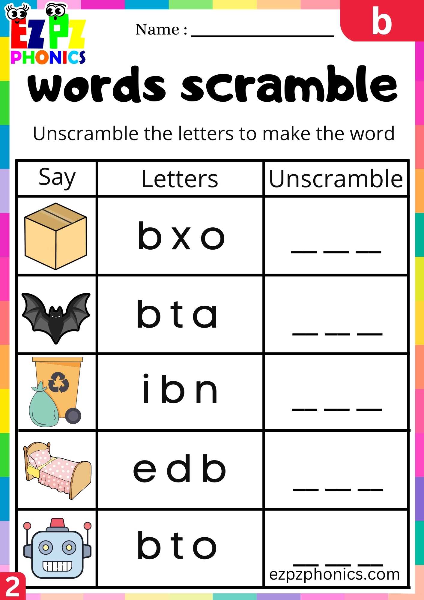 Group2 Letter B Word Scramble Beginning Sounds Worksheet - Ezpzphonics.com